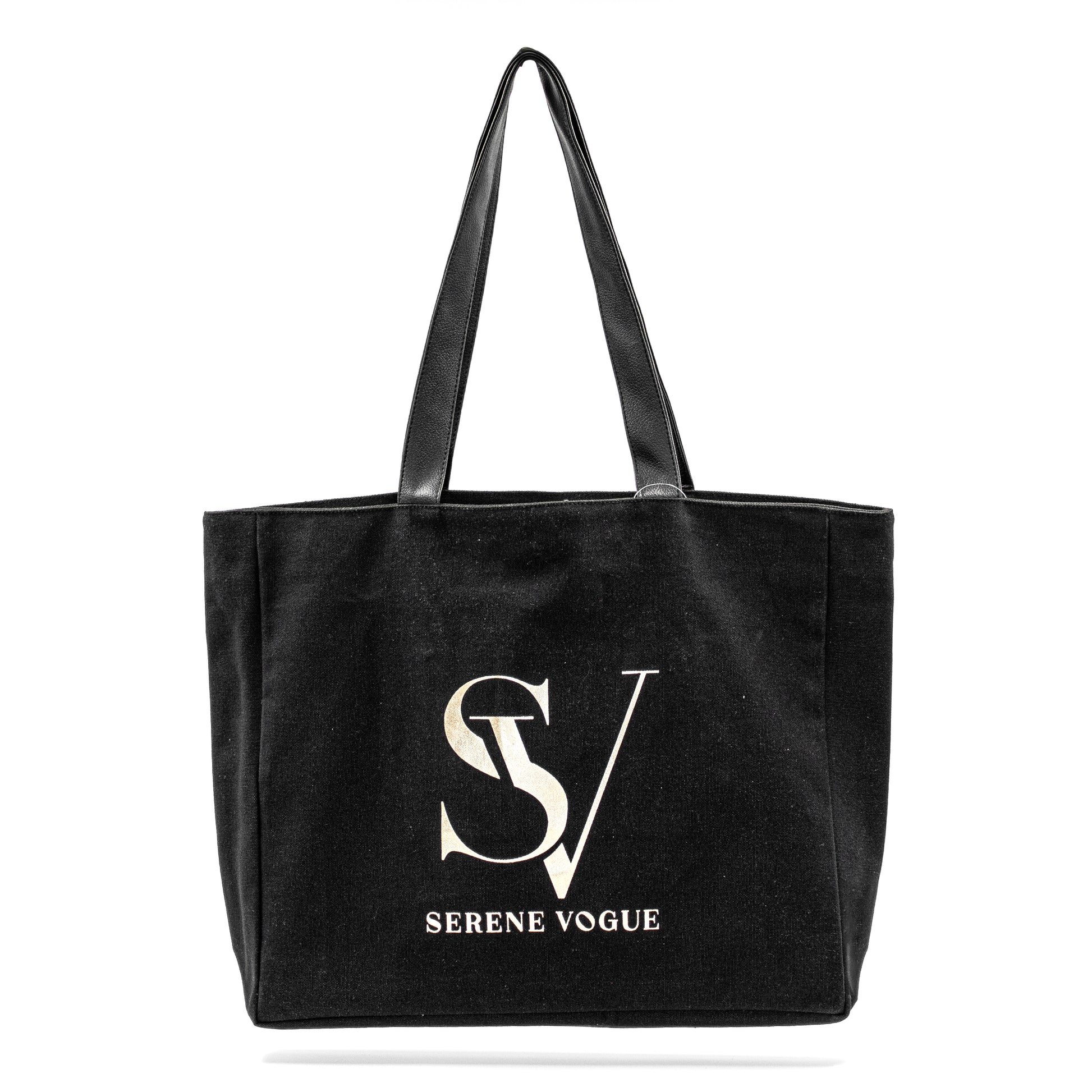 Elite Canvas Shopper Bag with Serene Vogue logo, reinforced handles, and inner zipper pocket