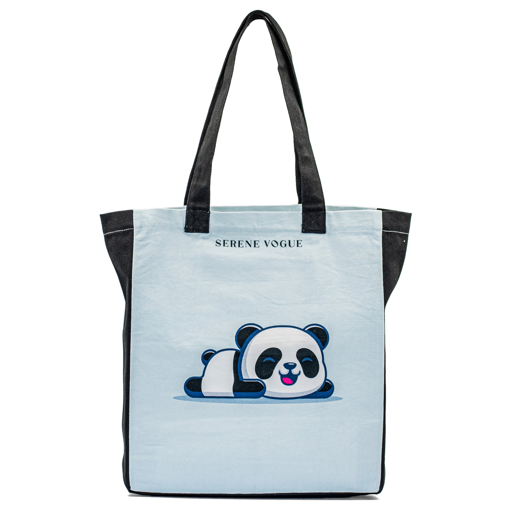 Panda Prowl Tote Bag with panda print and black canvas handles by Serene Vogue