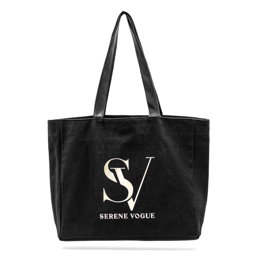 Elite Canvas Shopper Bag with Serene Vogue logo, reinforced handles, and inner zipper pocket