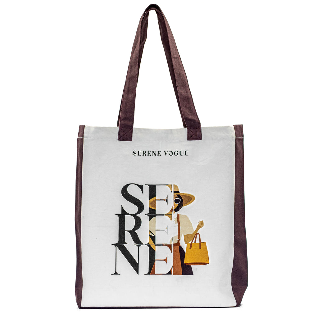 Carry Chic Tote Bag with white canvas body and brown handles by Serene Vogue