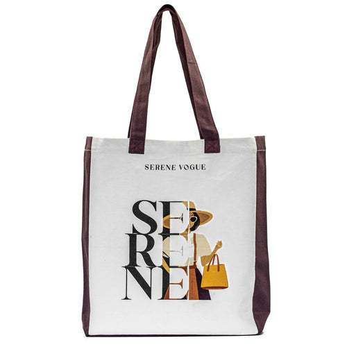 Carry Chic Tote Bag with white canvas body and brown handles by Serene Vogue