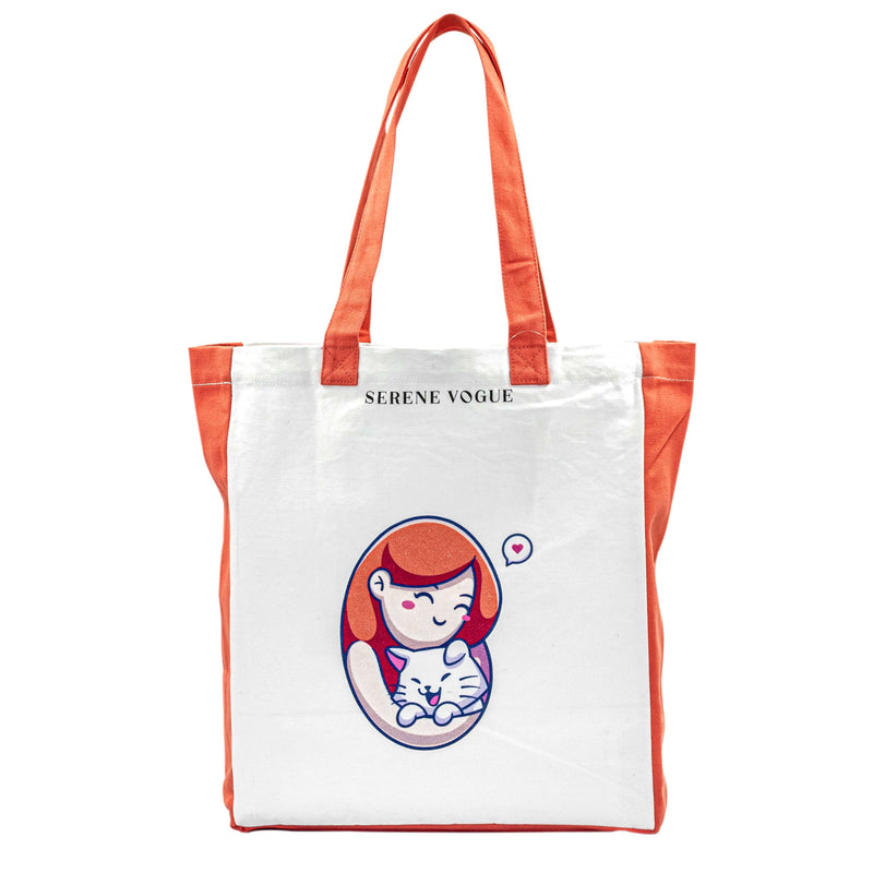 Kitty Tote Bag with girl and cat design – eco-friendly tote by Serene Vogue
