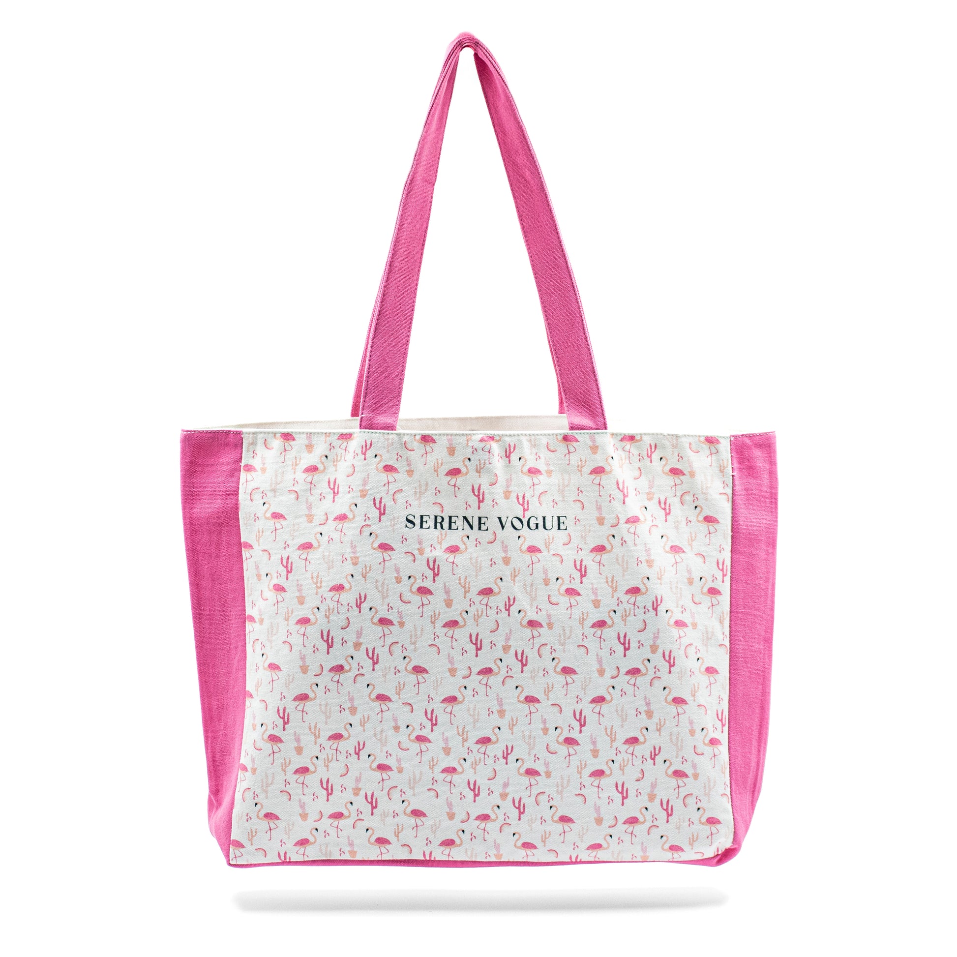 Pink Plume Shopper Bag with pink flamingo print and Serene Vogue logo