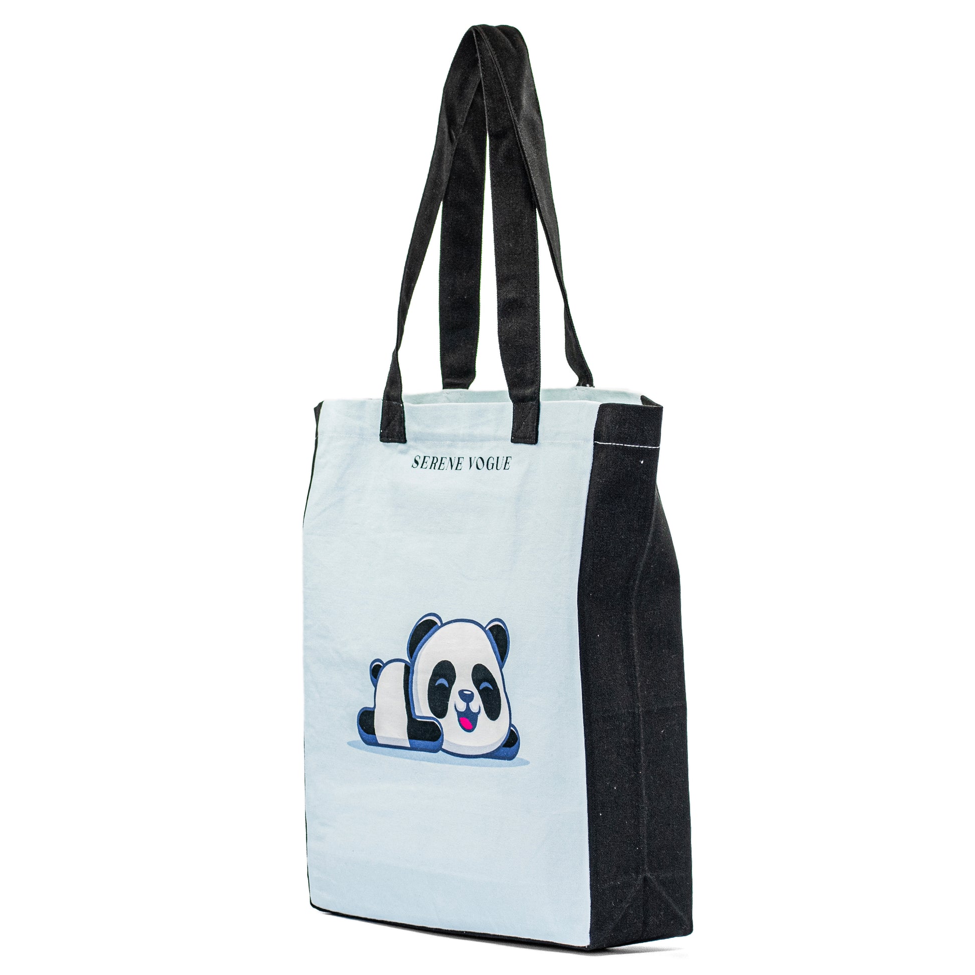 Panda Prowl Tote Bag with panda print and black canvas handles by Serene Vogue