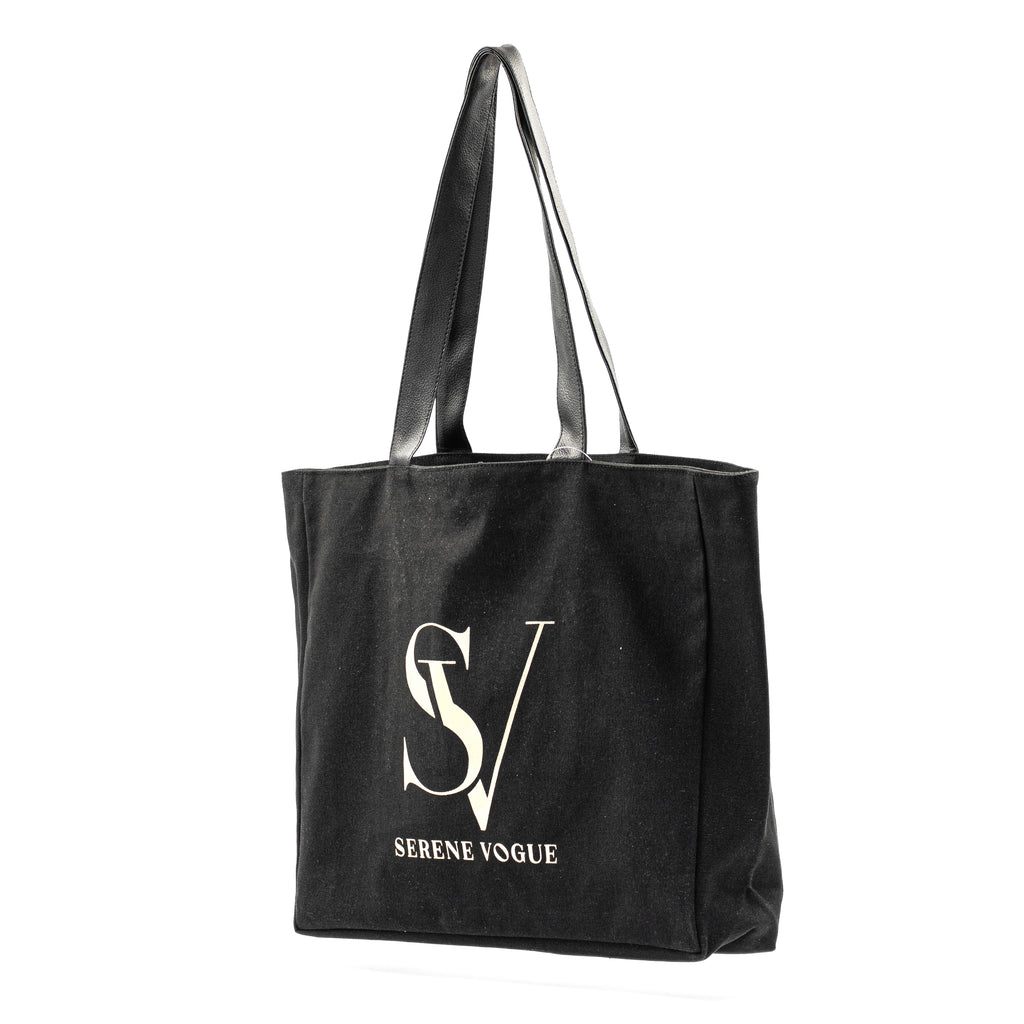 Elite Canvas Shopper Bag with Serene Vogue logo, reinforced handles, and inner zipper pocket
