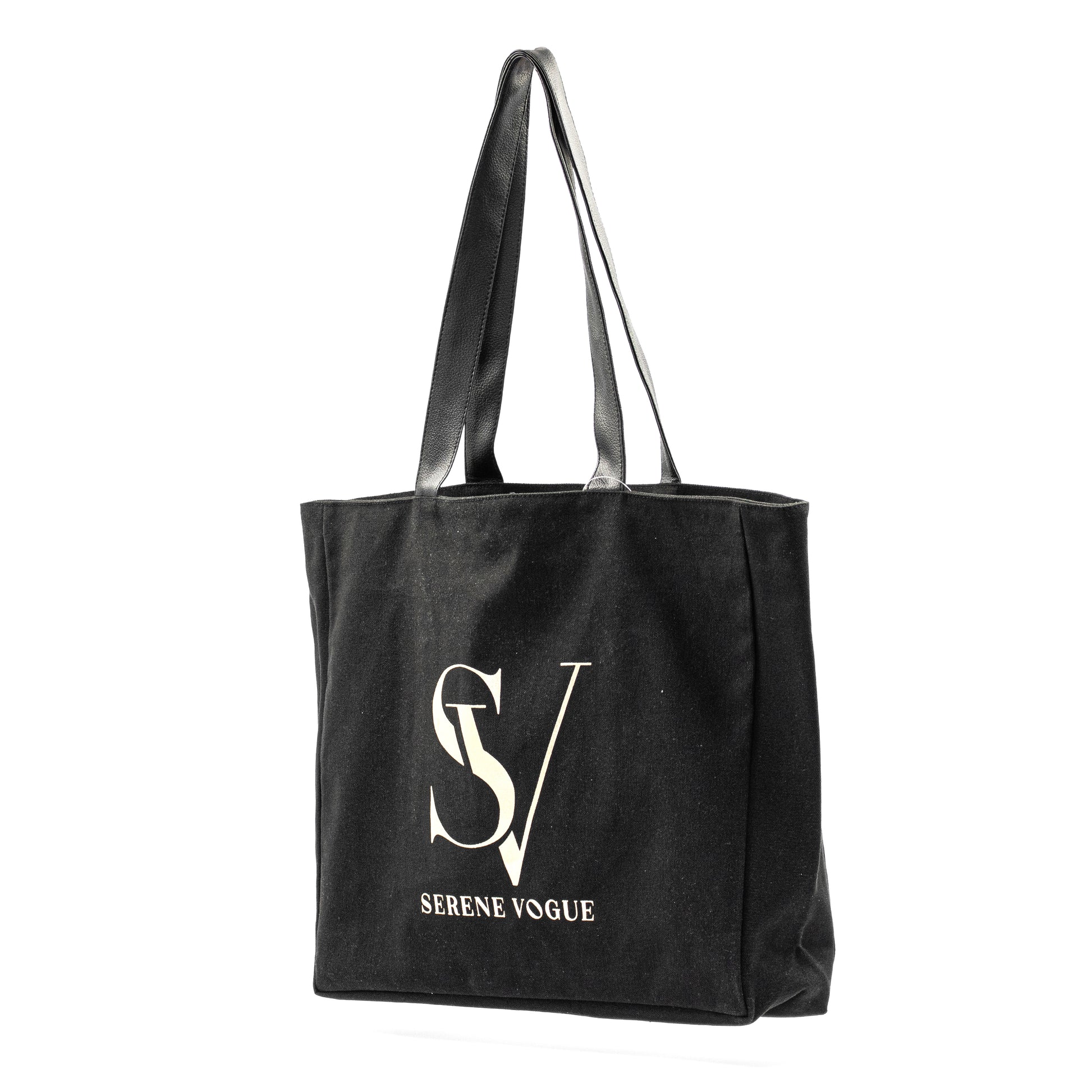 Elite Canvas Shopper Bag with Serene Vogue logo, reinforced handles, and inner zipper pocket