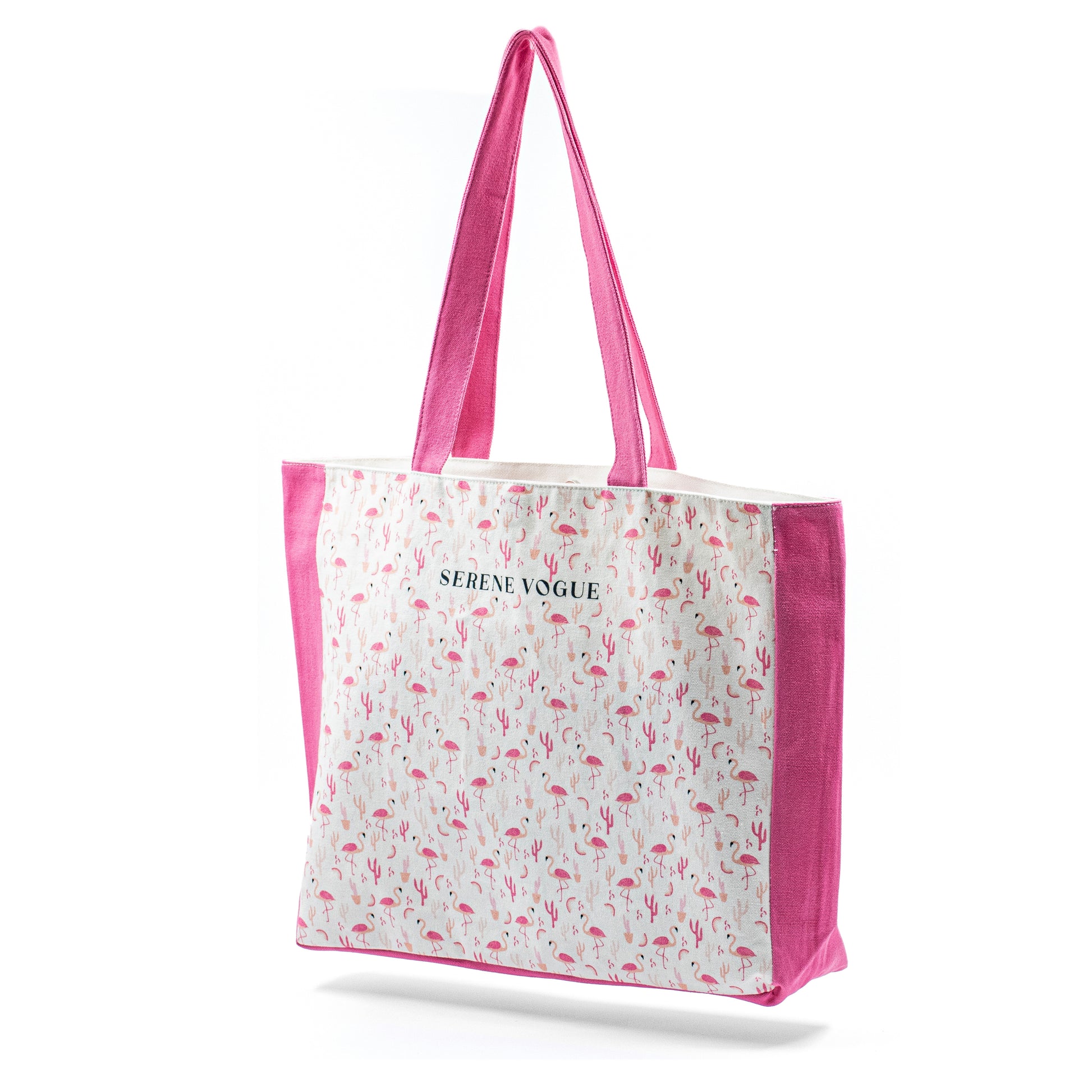 Pink Plume Shopper Bag with pink flamingo print and Serene Vogue logo