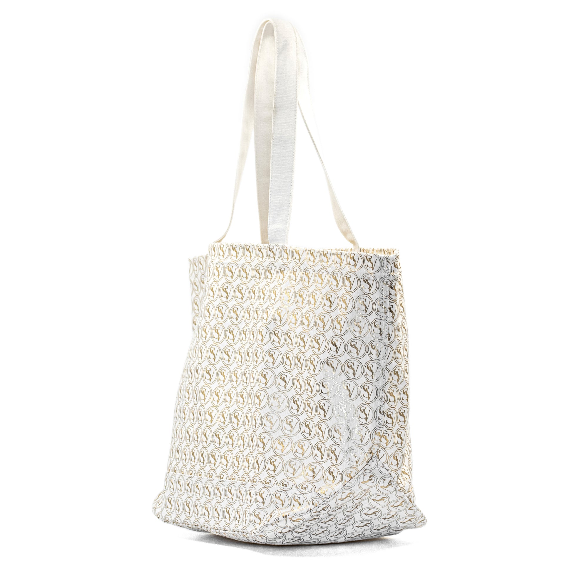 Silent Giant Carryall Bag with gold SV pattern and basket shape by Serene Vogue
