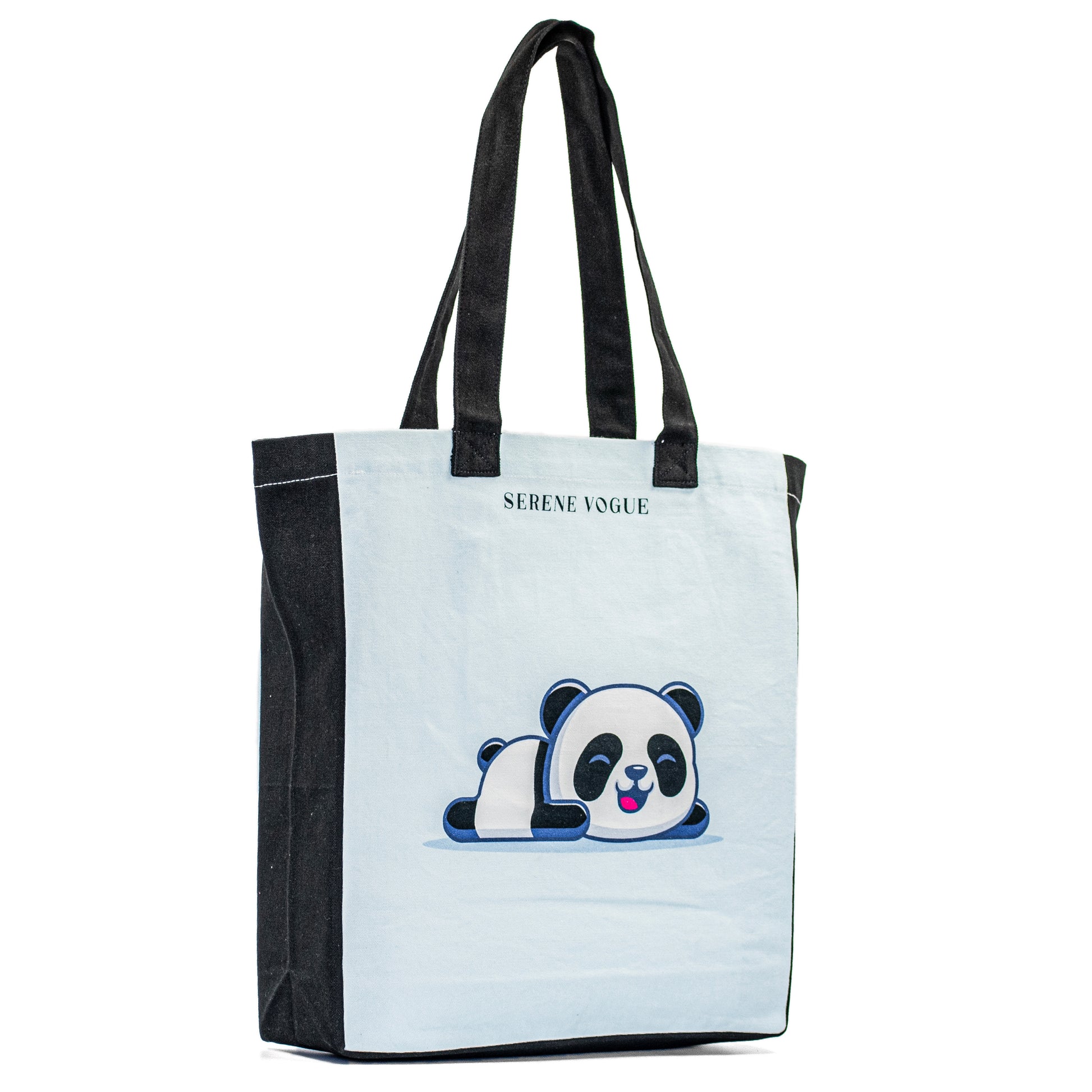 Panda Prowl Tote Bag with panda print and black canvas handles by Serene Vogue