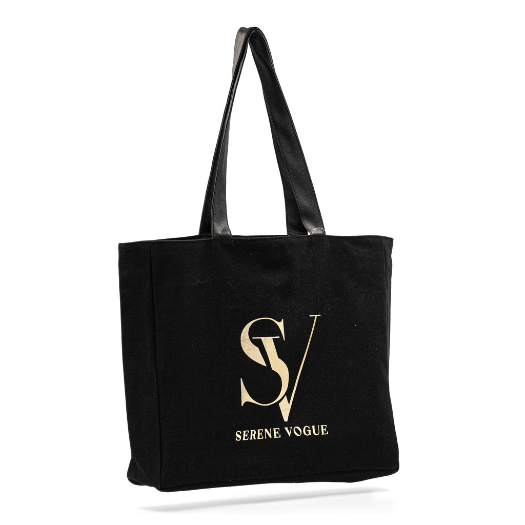 Elite Canvas Shopper Bag with Serene Vogue logo, reinforced handles, and inner zipper pocket