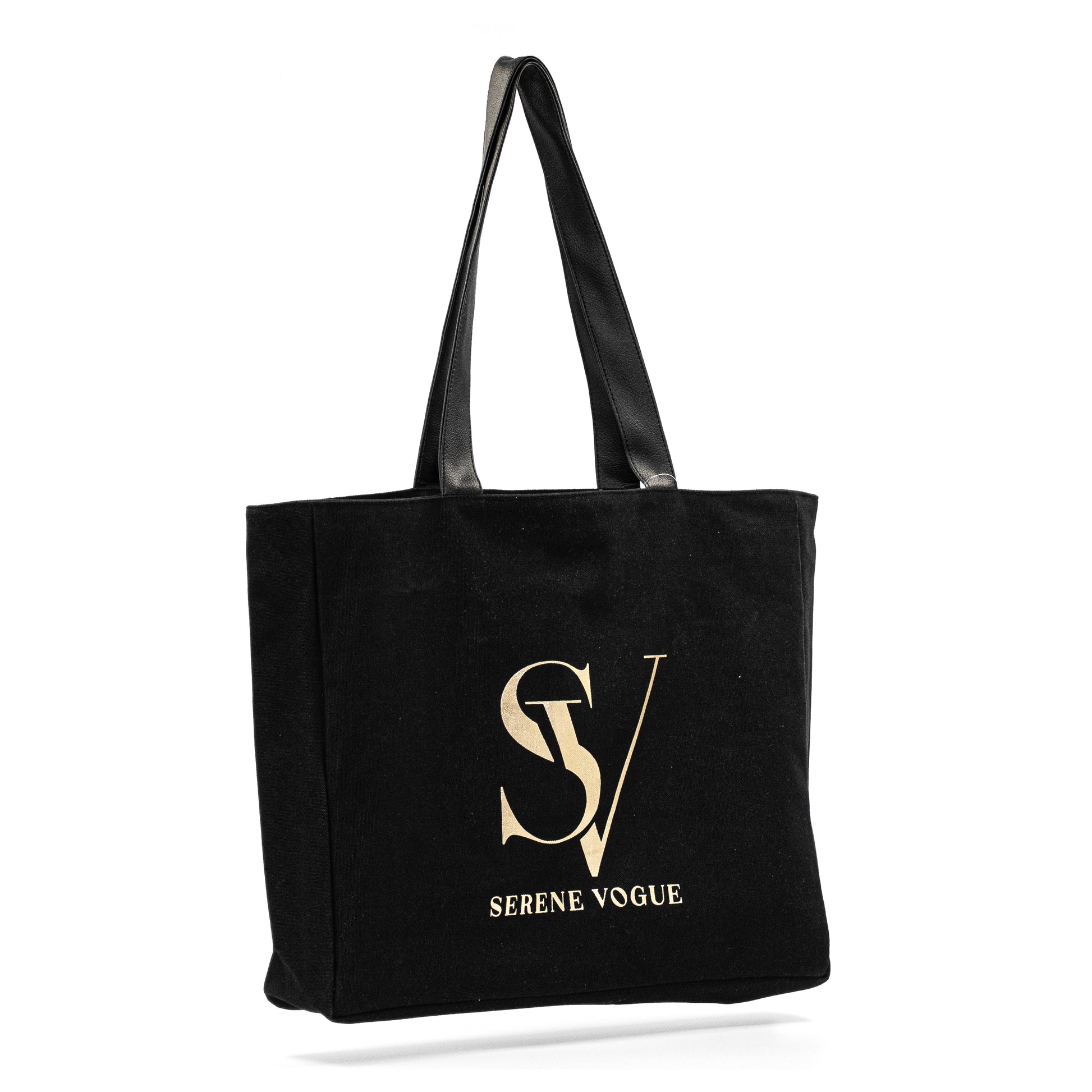 Elite Canvas Shopper Bag with Serene Vogue logo, reinforced handles, and inner zipper pocket
