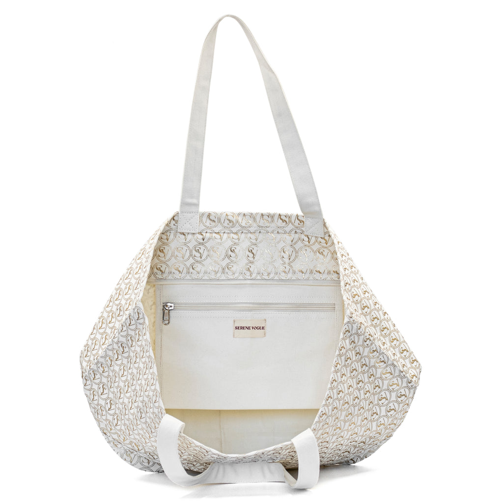 Silent Giant Carryall Bag with gold SV pattern and basket shape by Serene Vogue