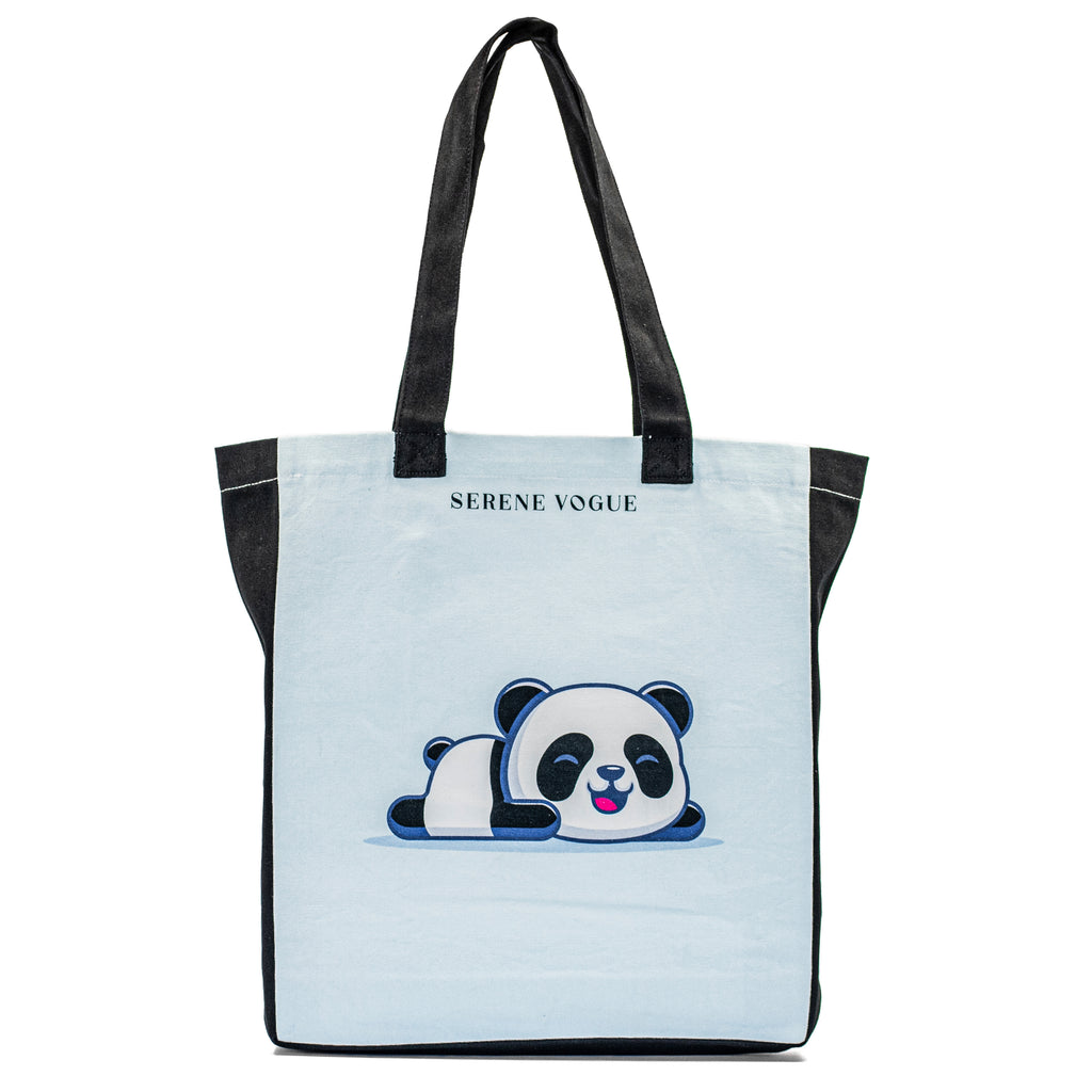 Panda Prowl Tote Bag with panda print and black canvas handles by Serene Vogue