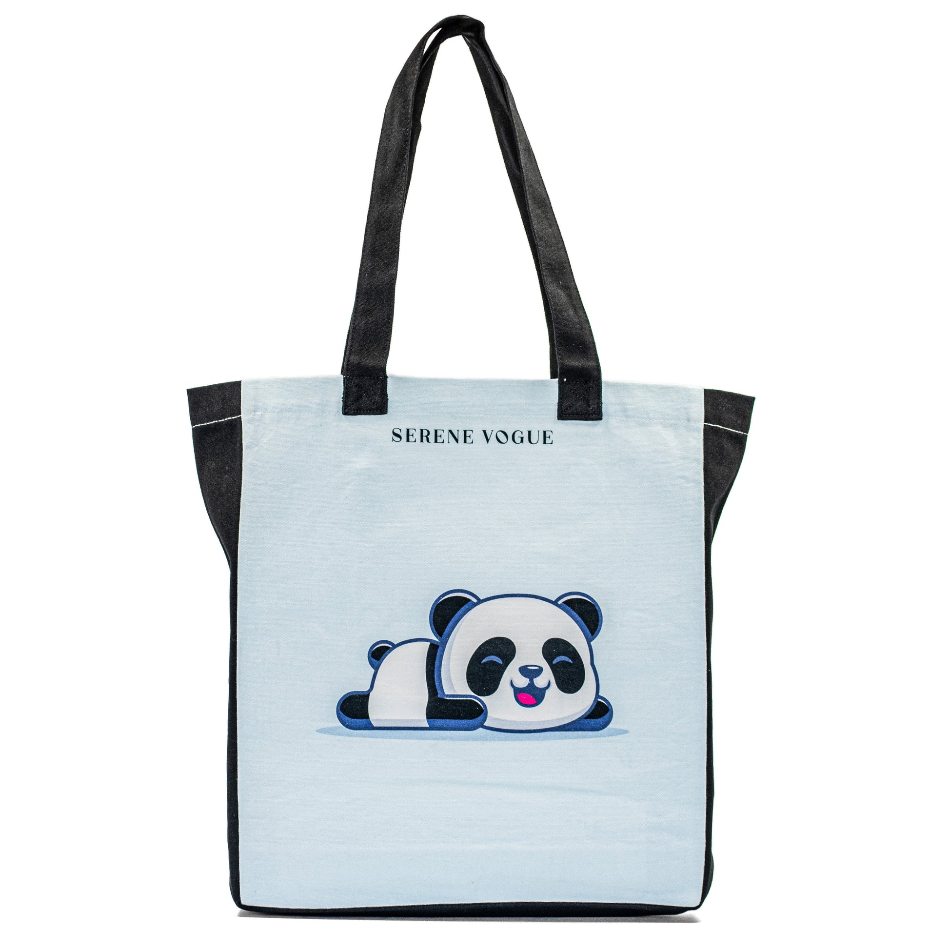 Panda Prowl Tote Bag with panda print and black canvas handles by Serene Vogue