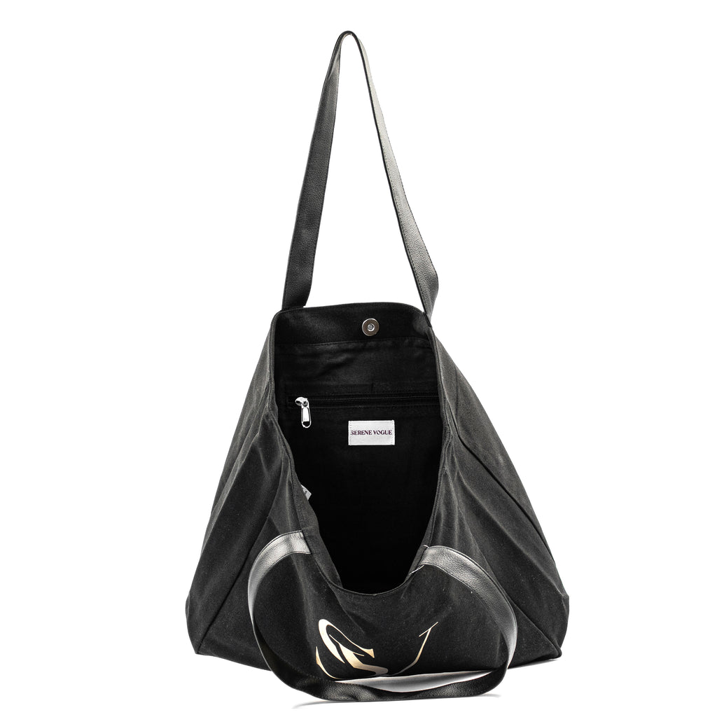Elite Canvas Shopper Bag with Serene Vogue logo, reinforced handles, and inner zipper pocket