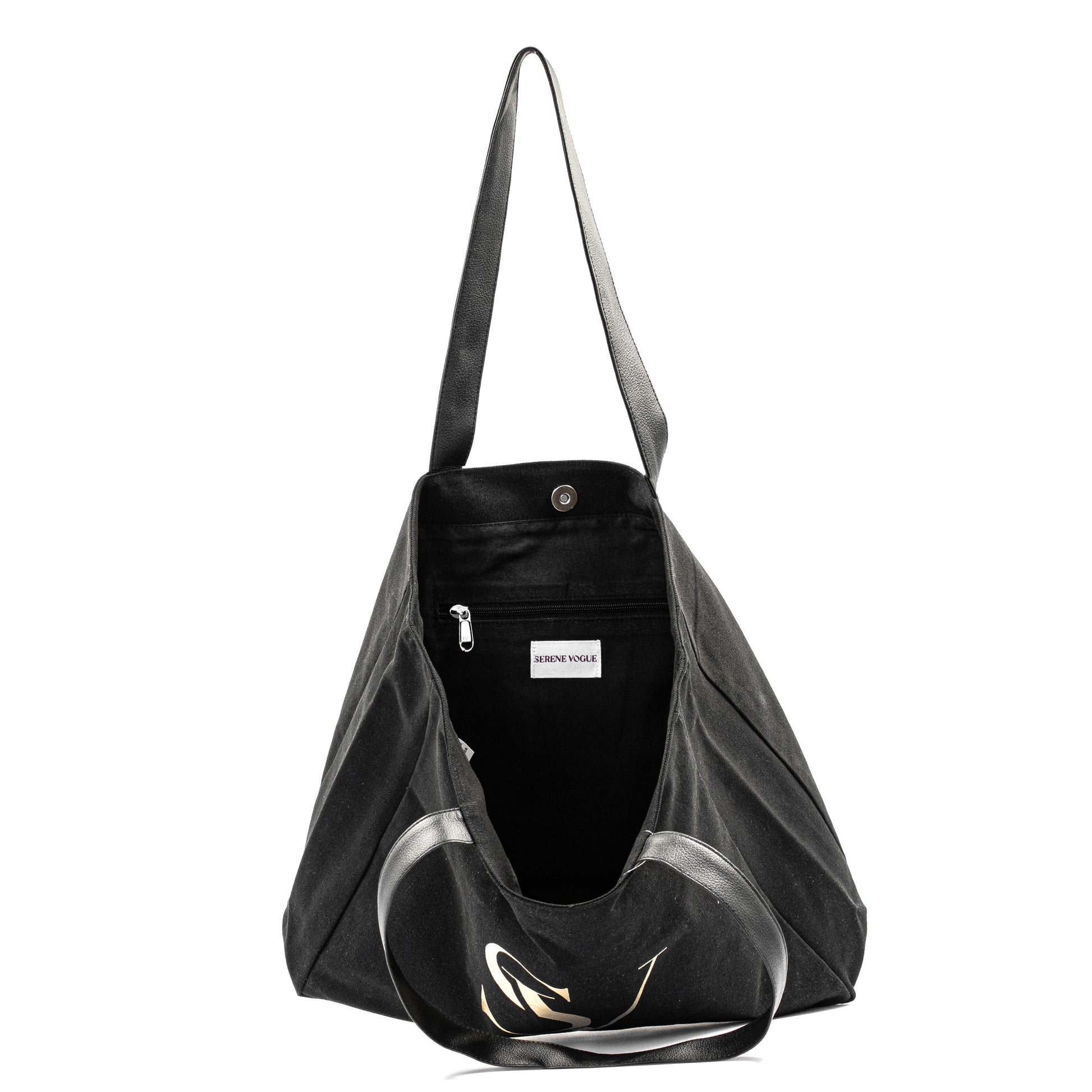 Elite Canvas Shopper Bag with Serene Vogue logo, reinforced handles, and inner zipper pocket