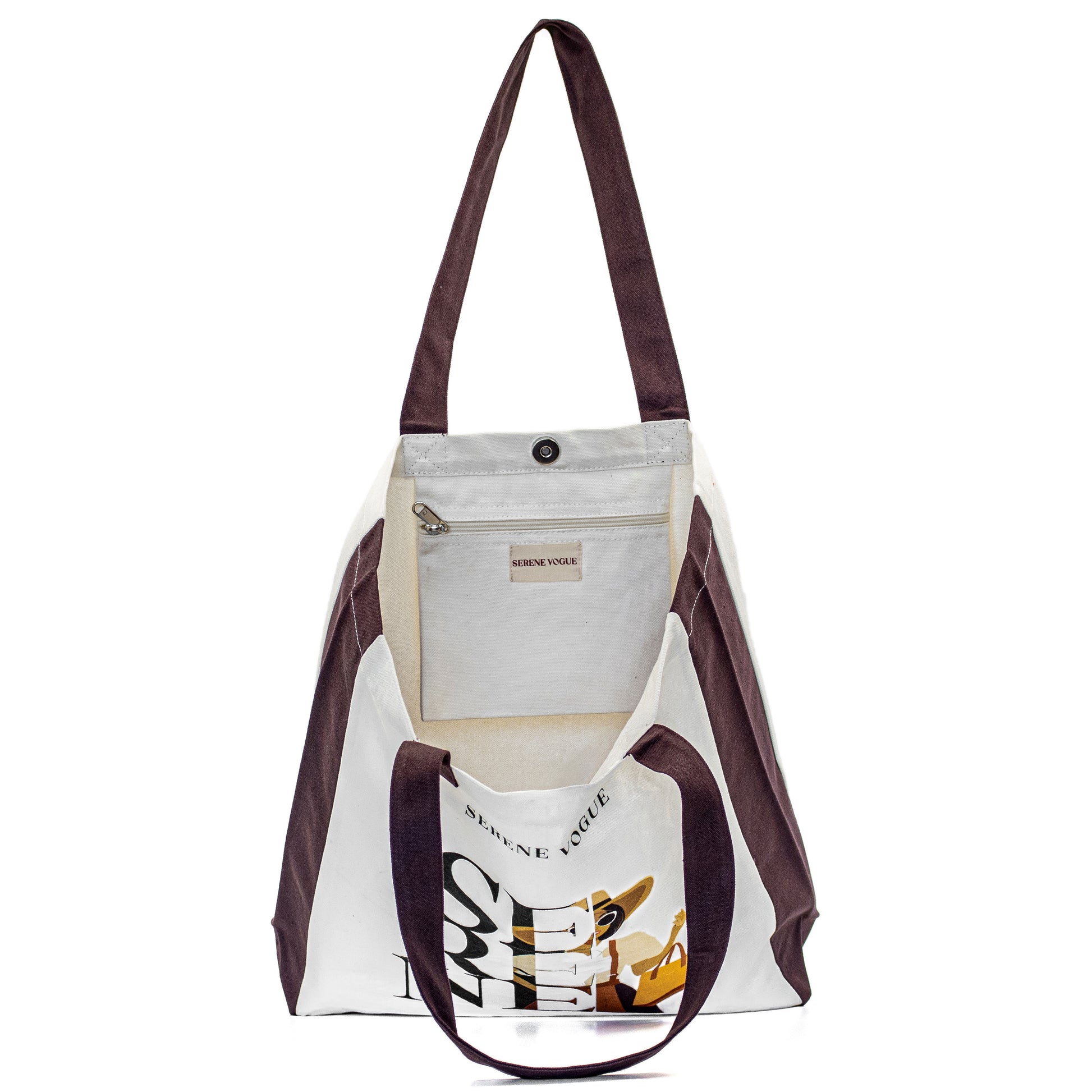 Carry Chic Tote Bag with white canvas body and brown handles by Serene Vogue