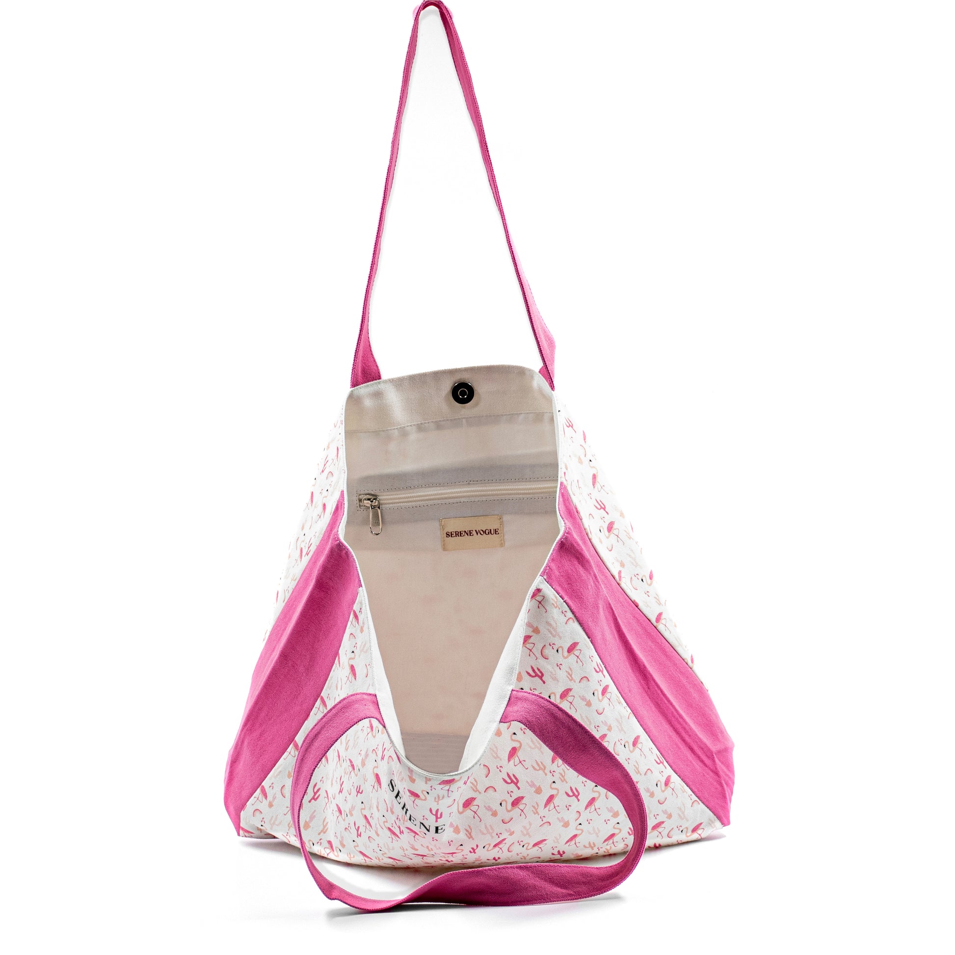 Pink Plume Shopper Bag with pink flamingo print and Serene Vogue logo