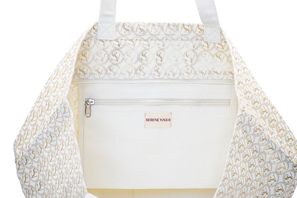 Silent Giant Carryall Bag with gold SV pattern and basket shape by Serene Vogue