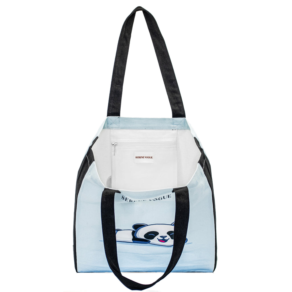 Panda Prowl Tote Bag with panda print and black canvas handles by Serene Vogue