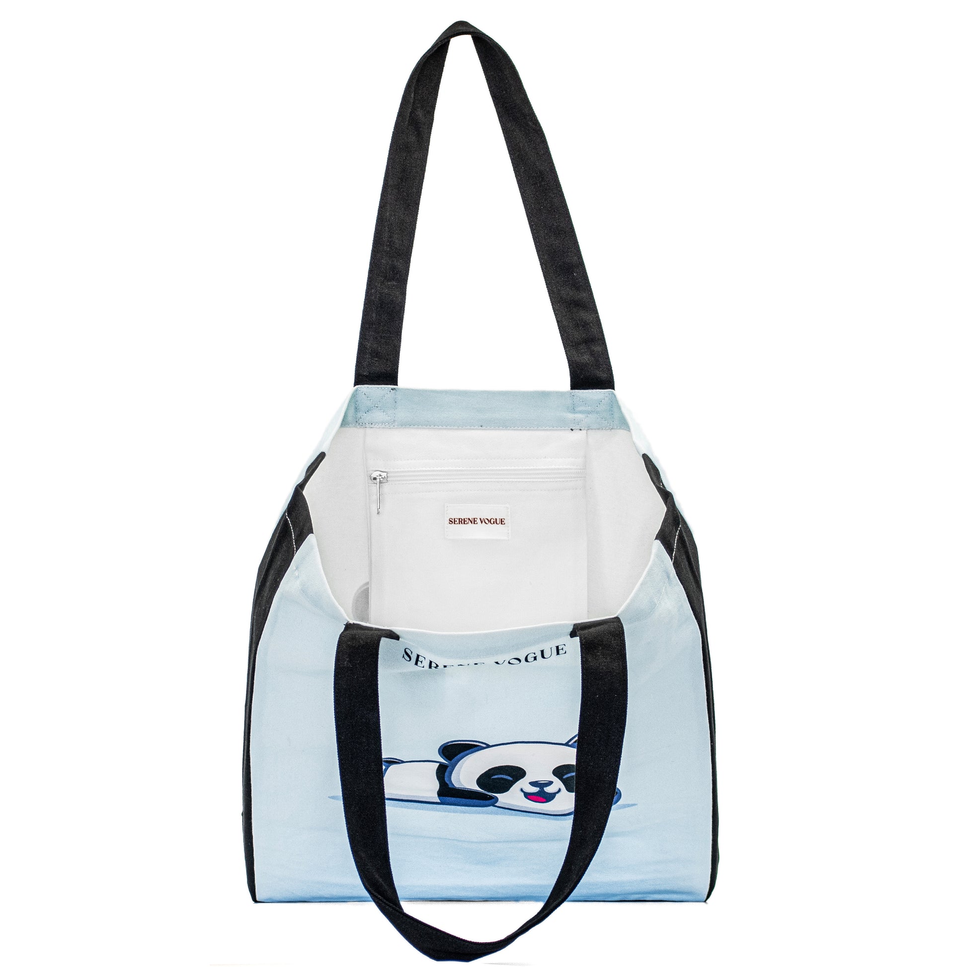 Panda Prowl Tote Bag with panda print and black canvas handles by Serene Vogue