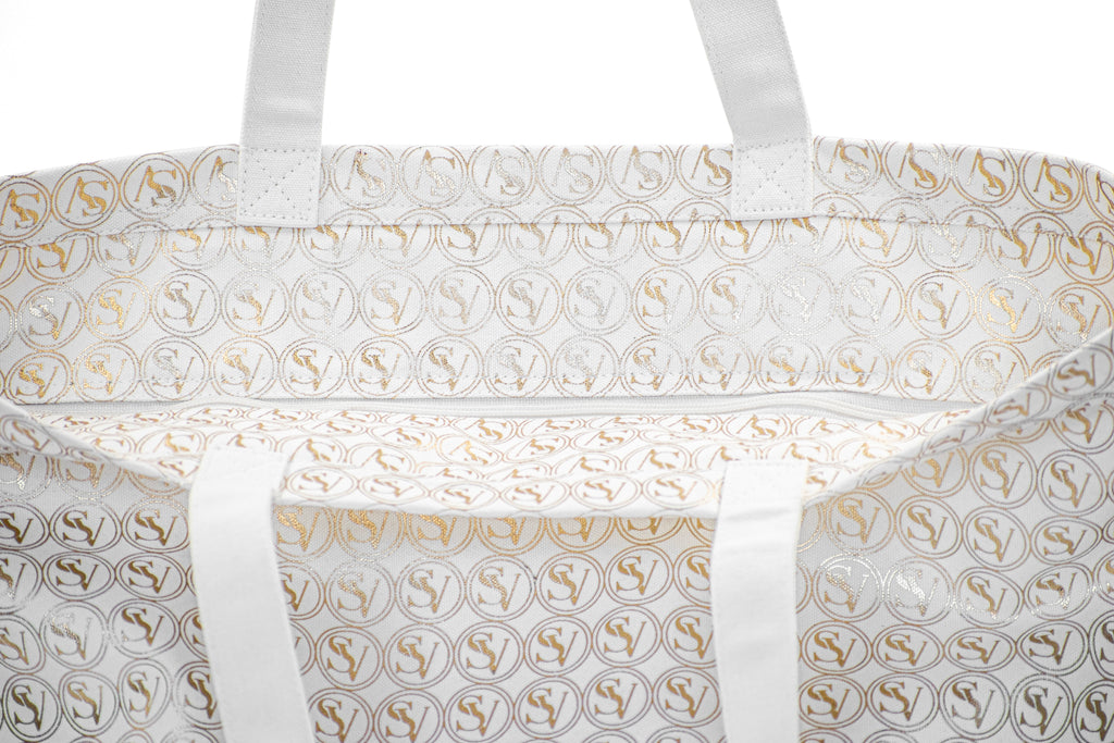Silent Giant Carryall Bag with gold SV pattern and basket shape by Serene Vogue