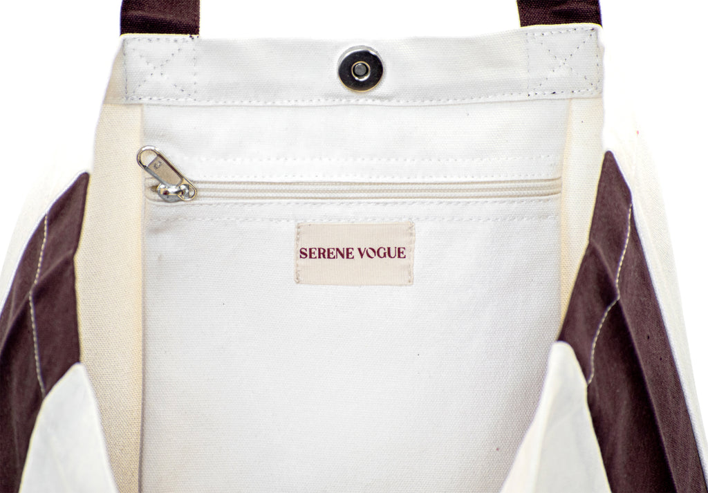 Carry Chic Tote Bag with white canvas body and brown handles by Serene Vogue