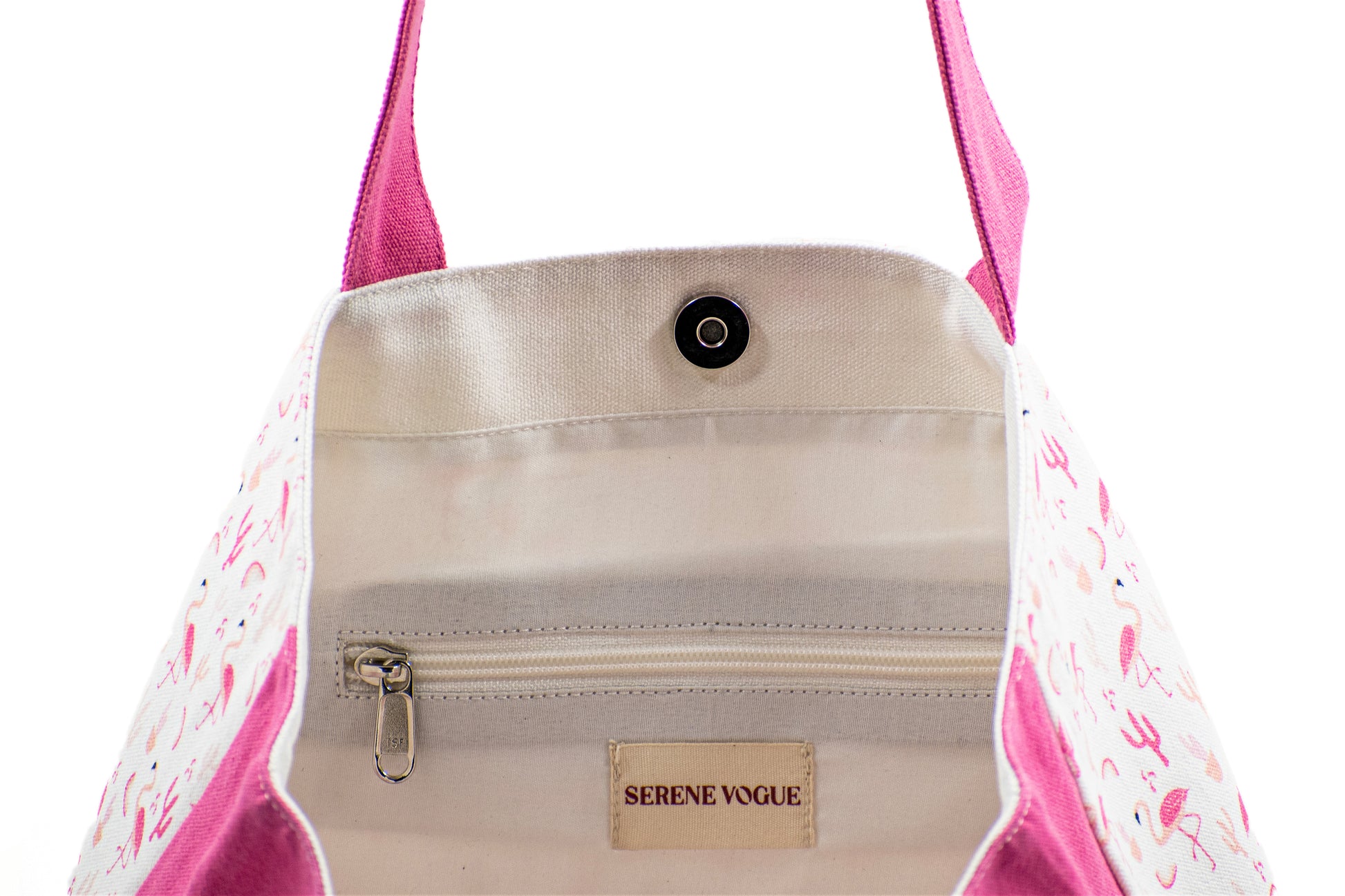 Pink Plume Shopper Bag with pink flamingo print and Serene Vogue logo