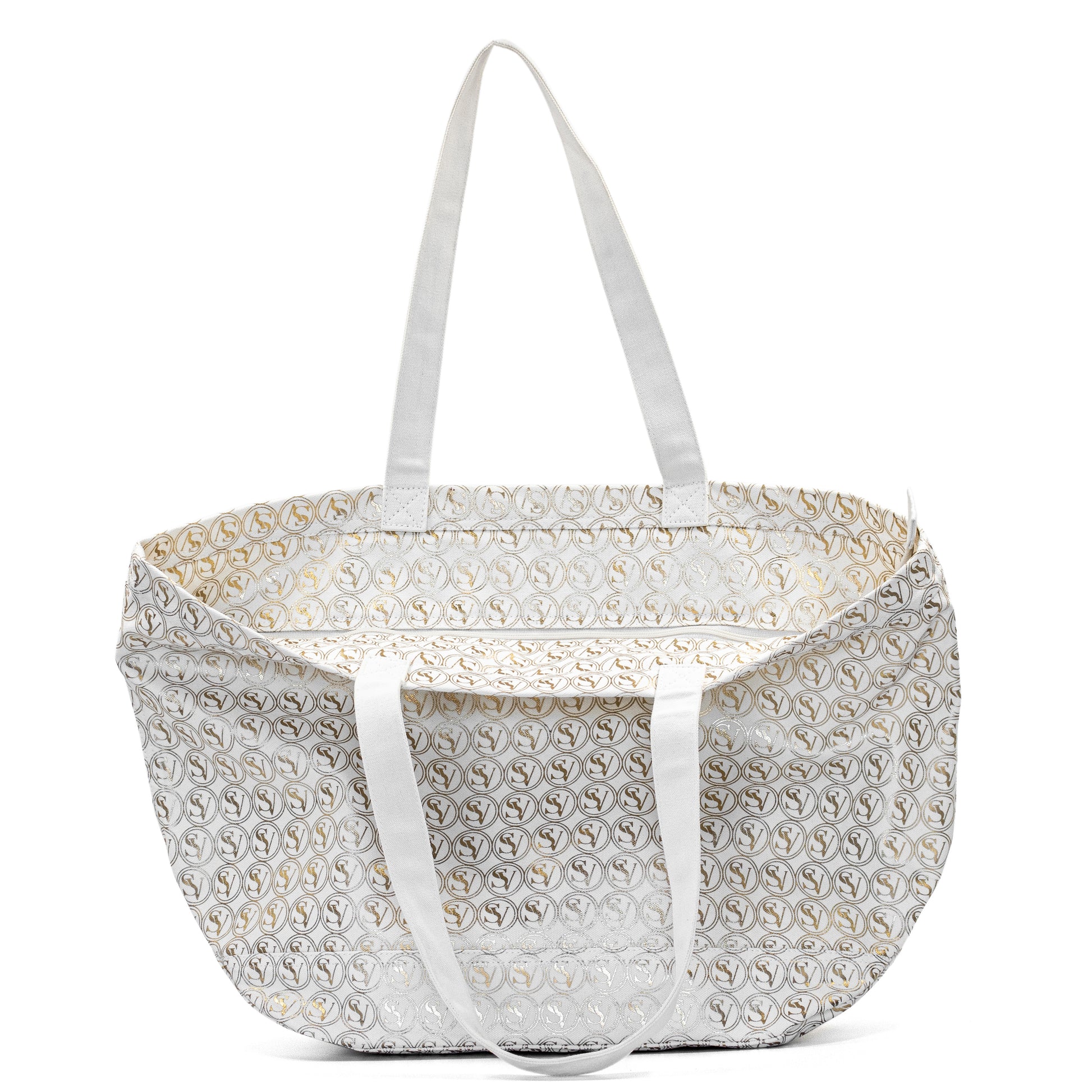 Silent Giant Carryall Bag with gold SV pattern and basket shape by Serene Vogue